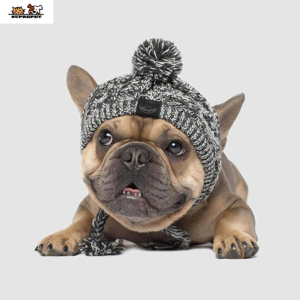 SUPERPET Winter Warm Dog Hat – Windproof Knitted Pet Cap with Fluffy Ball for French Bulldogs, Chihuahuas & Small Dogs