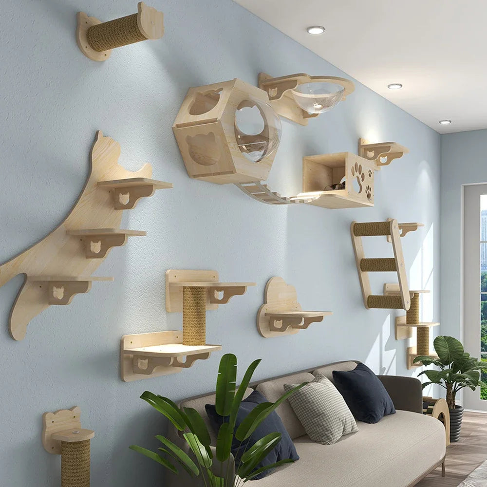 Wooden cat shelves on a wall with a sofa and plants in a room.