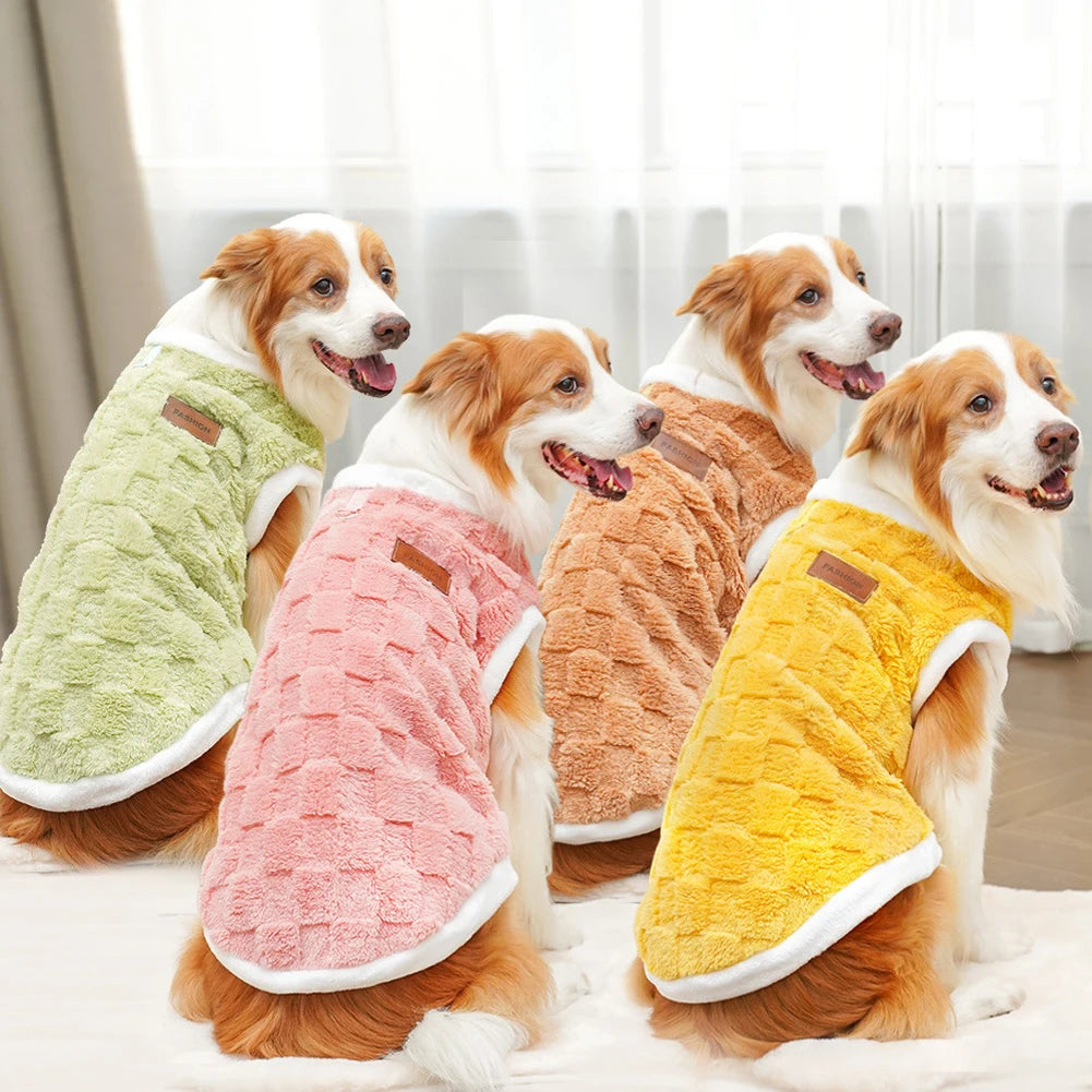 Four dogs wearing colorful robes sitting on a bed.
