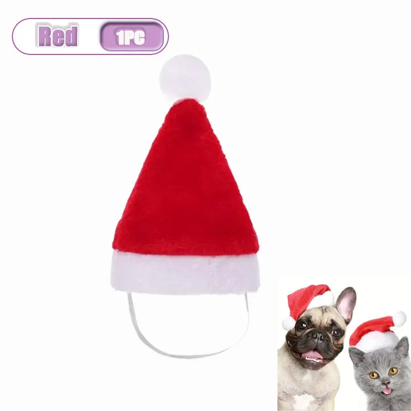 A red and white Santa hat mask with an elastic strap, shown on a white background. Small inset images at the bottom right show a dog and a cat wearing the same hat, and a purple label at the top left reads 'Red 1pc'.