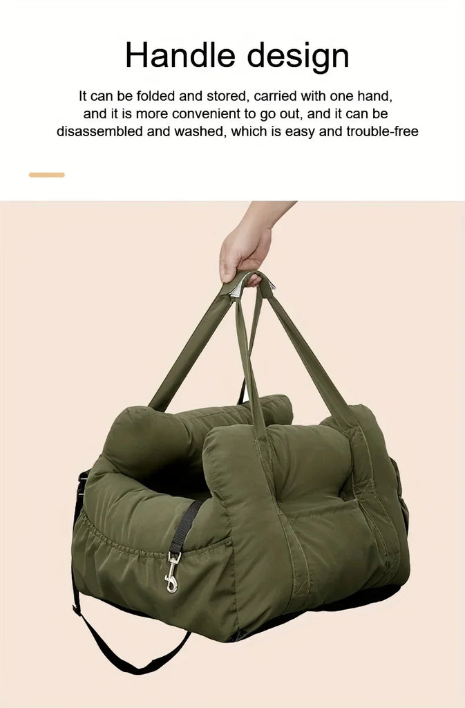Green duffel bag with handle design on a beige background