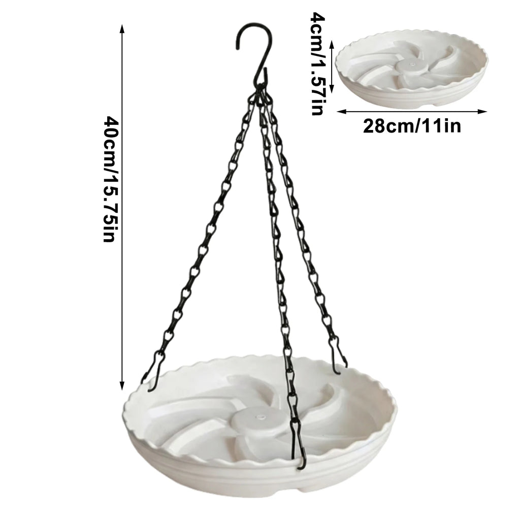 White hanging flower pot liner with a black metal hook and chains, shown with dimension labels indicating 40cm height and 28cm diameter, plus a small inset of the liner shape.