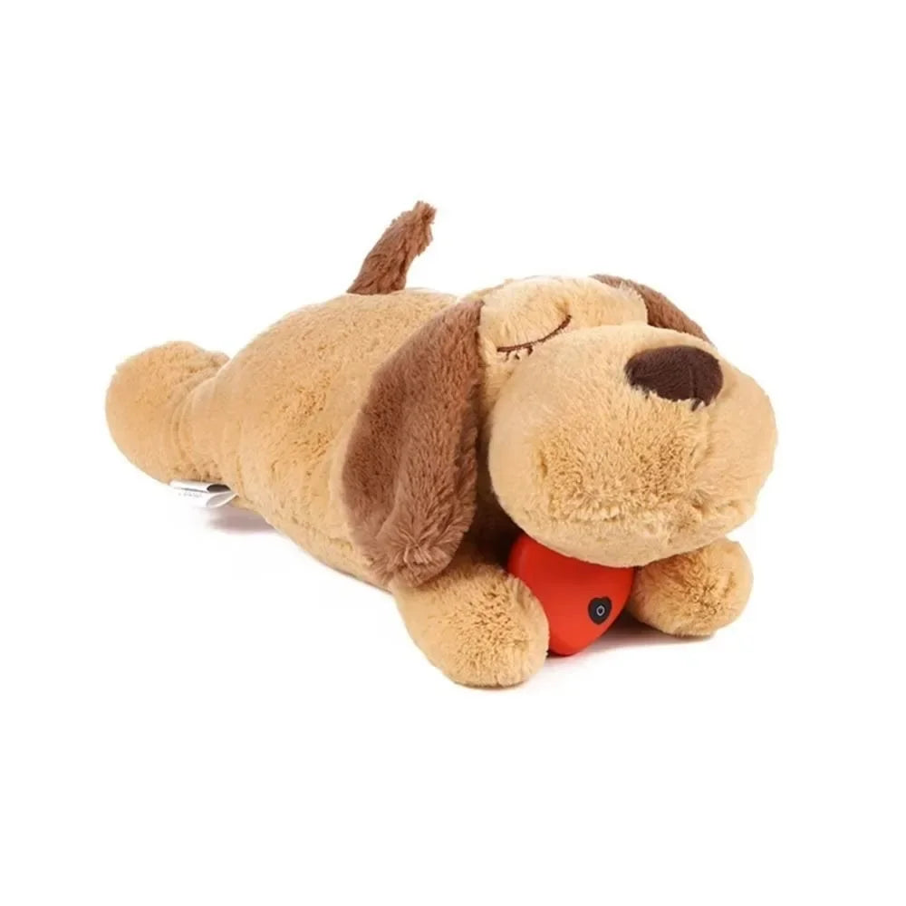 Plush dog toy with a red heart on a white background