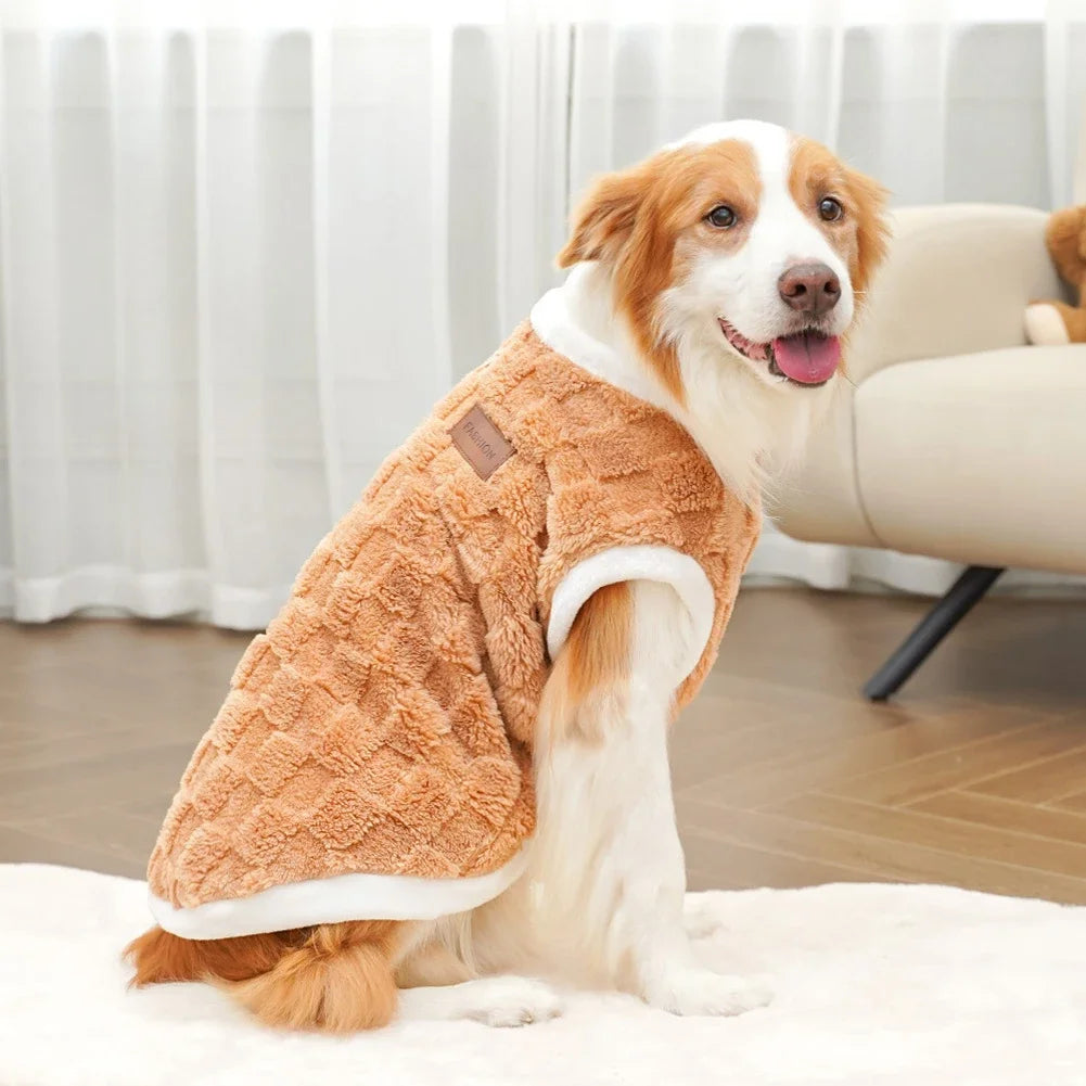Dog wearing a brown and white fleece coat sitting on a couch.