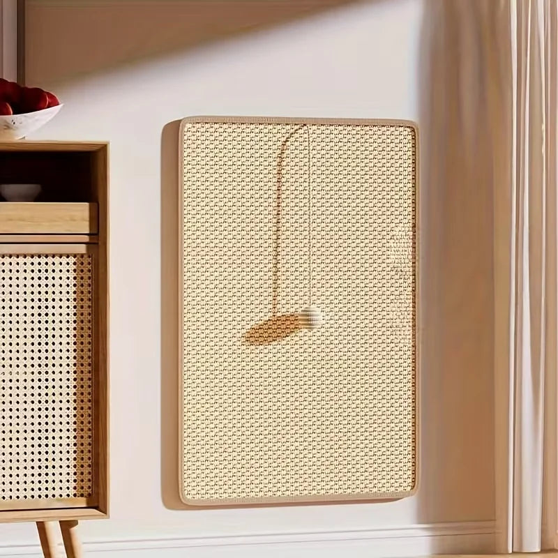 Woven wall art piece on a white wall with a wooden shelf in the background.