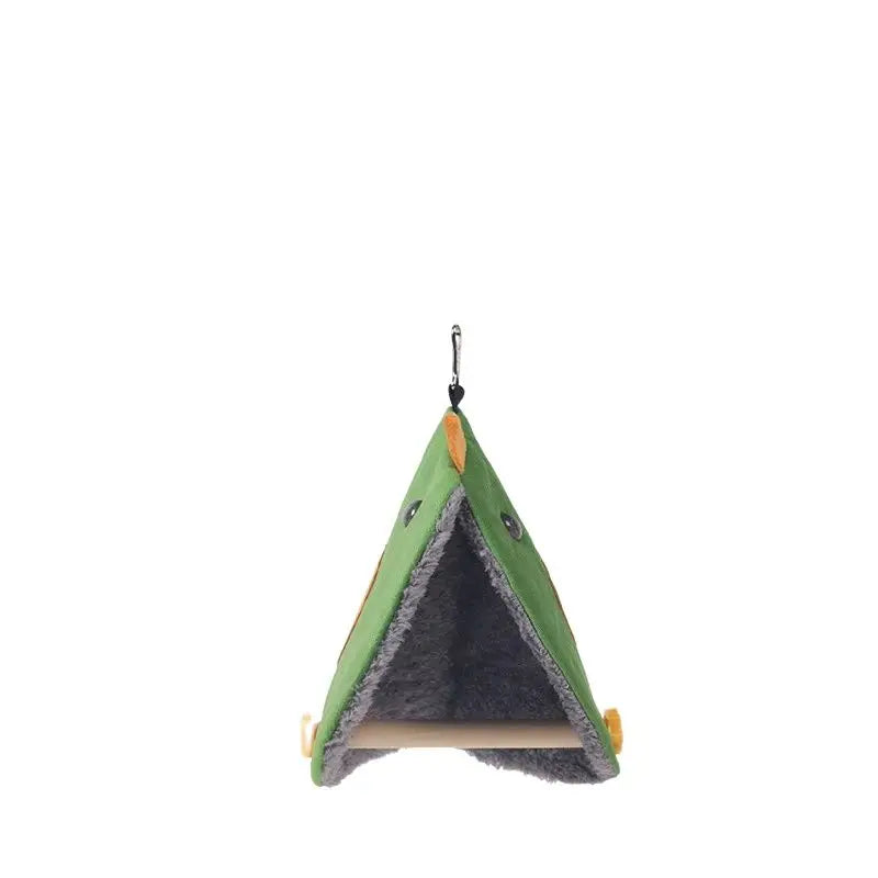 Green and gray pet hammock hanging against a white background