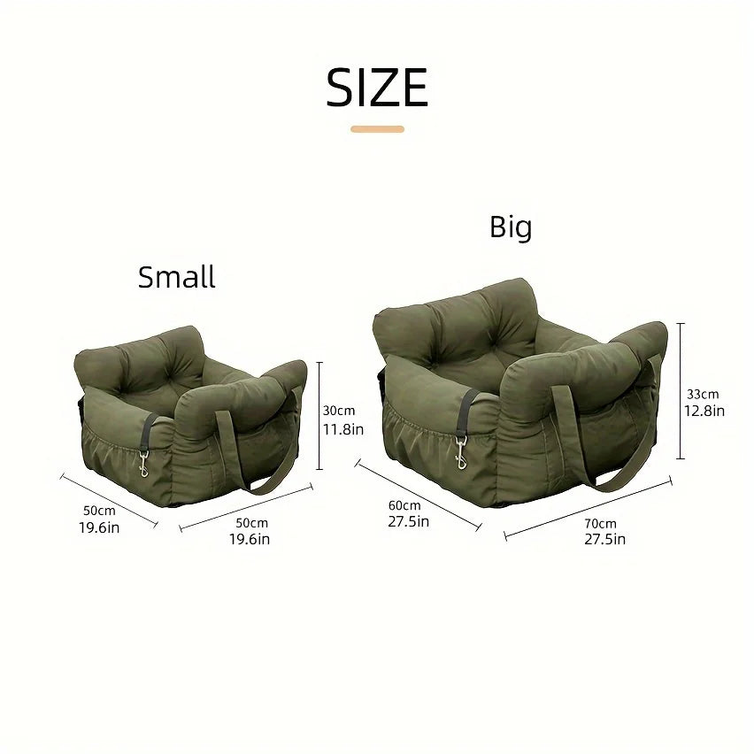Comparison of small and big green pet carriers with dimensions labeled.