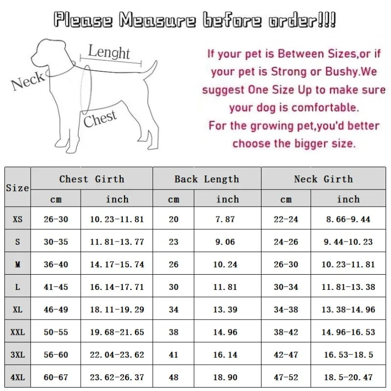 Dog measurement chart with instructions and size guide for clothing