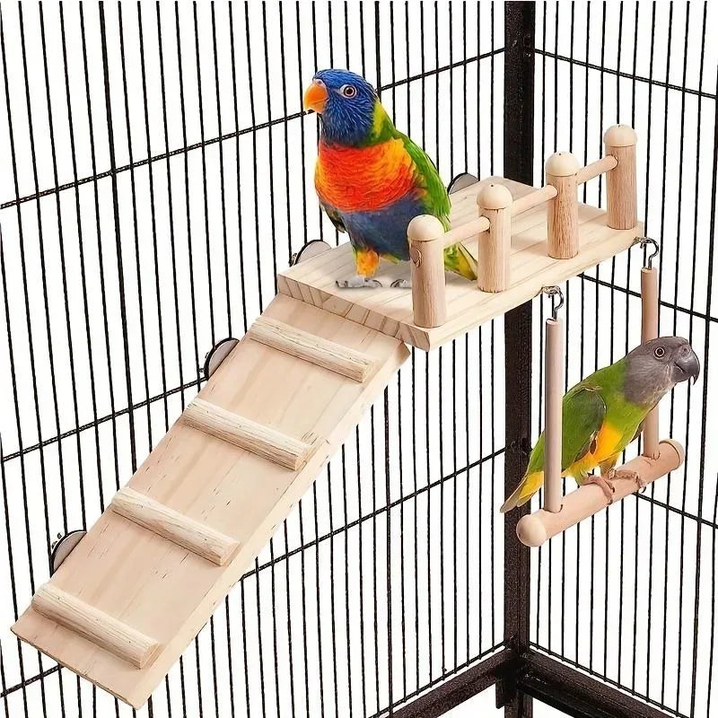Two parrots on a wooden bird perch inside a cage.