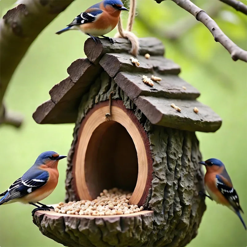 Wooden birdhouse with three birds perched on it against a blurred green background