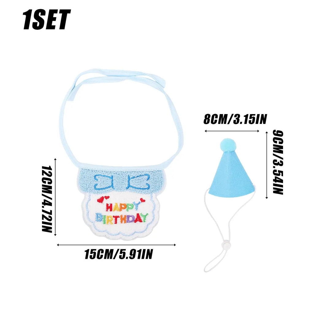 A 1-set baby birthday bib and party hat shown on a white background with printed dimensions: the bib is 12cm by 15cm and features a blue neck strap and a white bib panel with colorful 'HAPPY BIRTHDAY' lettering; the hat is 9cm by 8cm in light blue with a white cord.