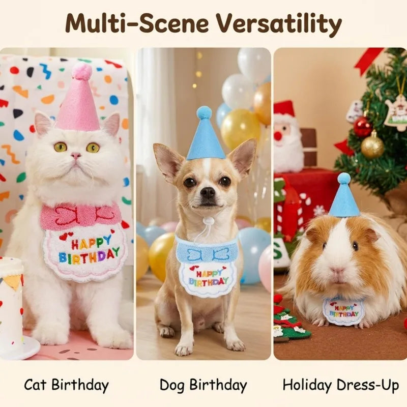 Three-panel birthday-themed pet apparel collage showing a white cat, a small dog, and a guinea pig wearing matching party hats and bibs. The top text reads 'Multi-Scene Versatility,' and the bottom labels the scenes as 'Cat Birthday,' 'Dog Birthday,' and 'Holiday Dress-Up.