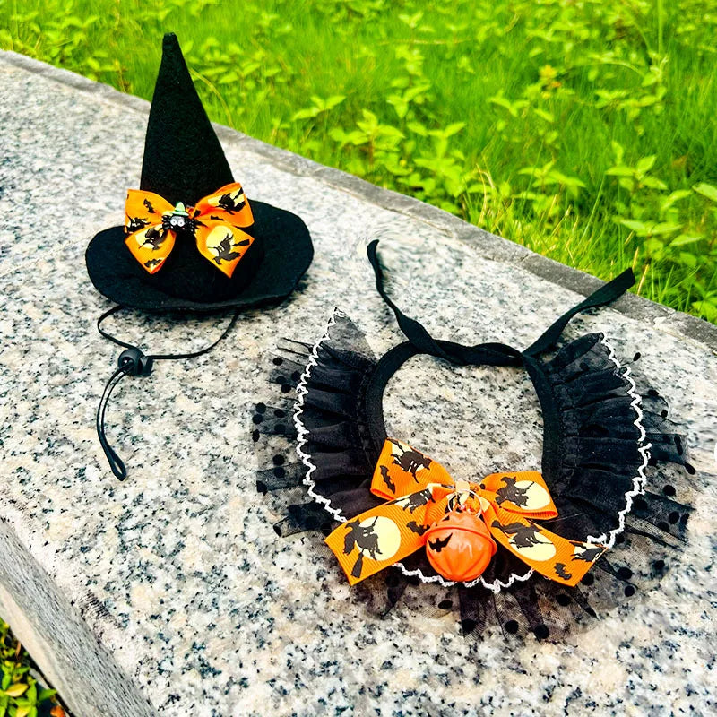 Halloween Pet Costume Set – Witch Hat & Bandana Scarf for Cats & Small Dogs, Cute Cosplay Outfit for Parties & Photos