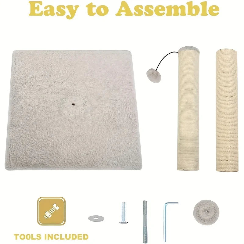 Cat climbing toy set with a cushion, scratching posts, and tools on a white background.