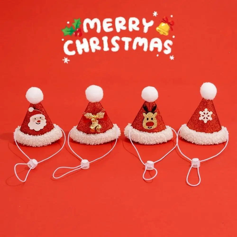 Four festive Christmas face masks shaped like Santa hat, reindeer, snowman, and elf, displayed on a red background with 'MERRY CHRISTMAS' text at the top.