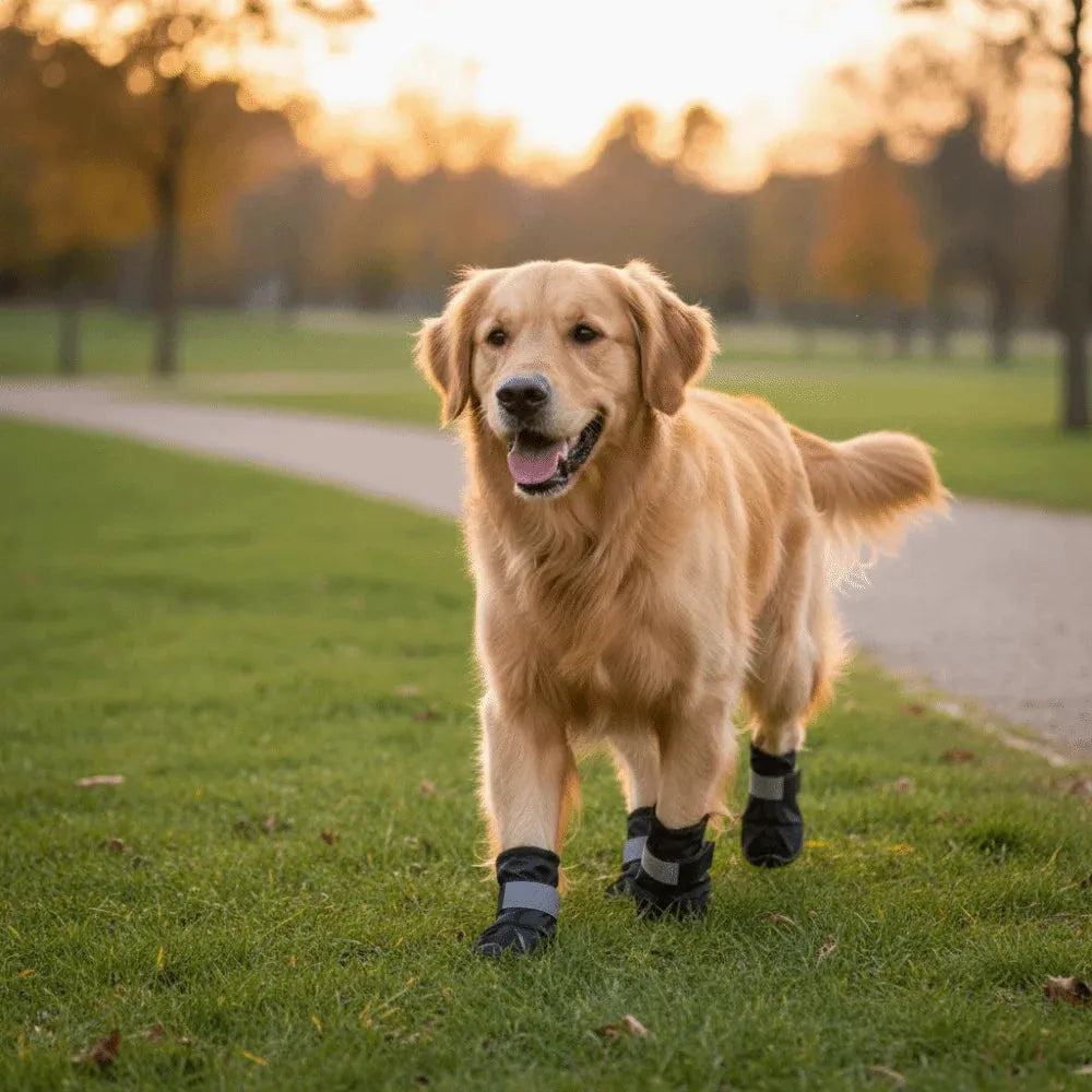 A golden retriever dog walking on grass in a park at sunset, wearing black dog boots with gray reflective accents.