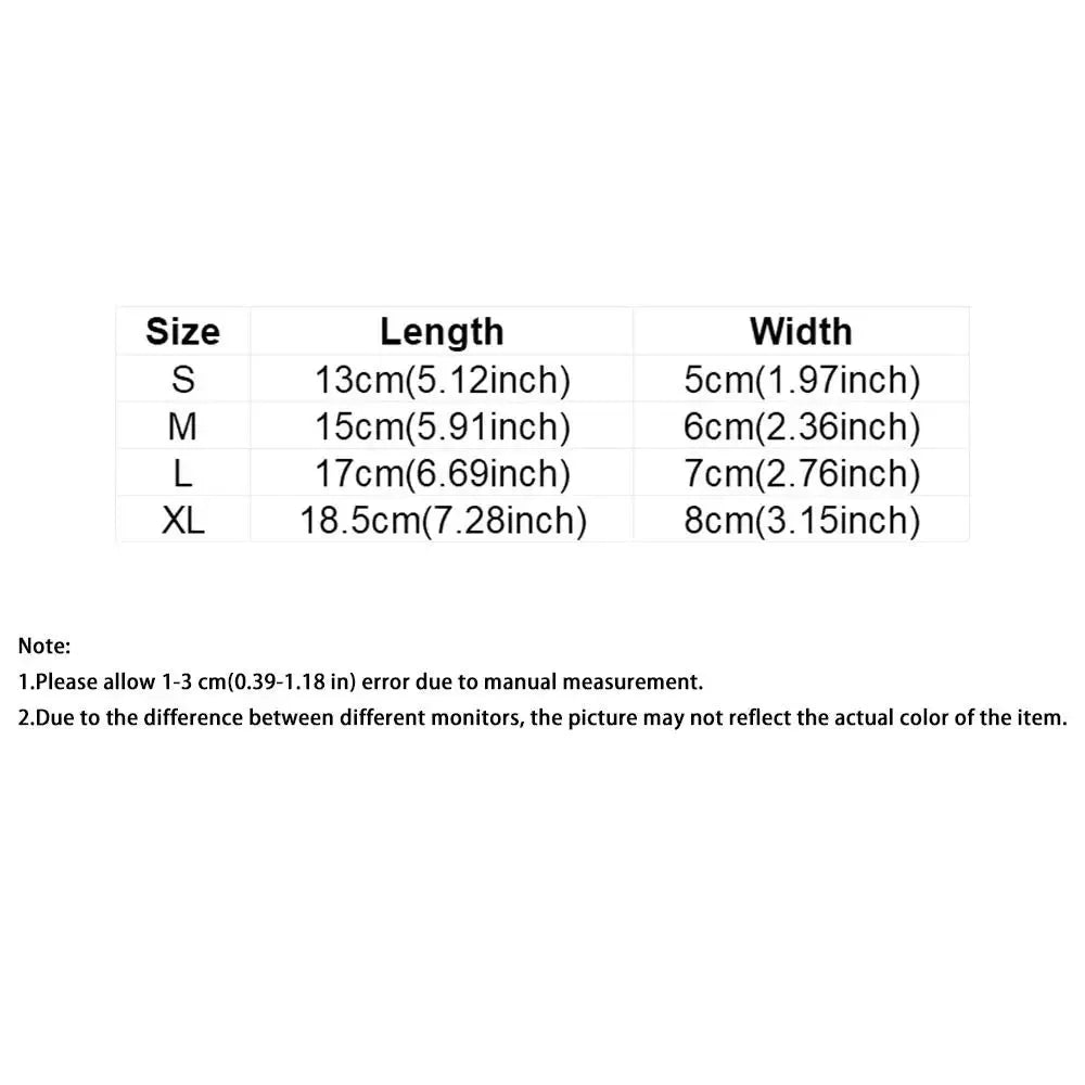 A size measurement chart with a table showing dimensions for sizes S, M, L, and XL in centimeters and inches, plus a note about manual measurement error and monitor color differences.