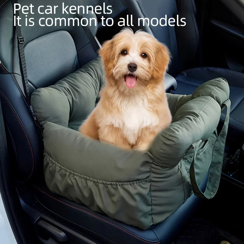 Dog sitting in a pet car seat inside a vehicle with text about pet car kennels.