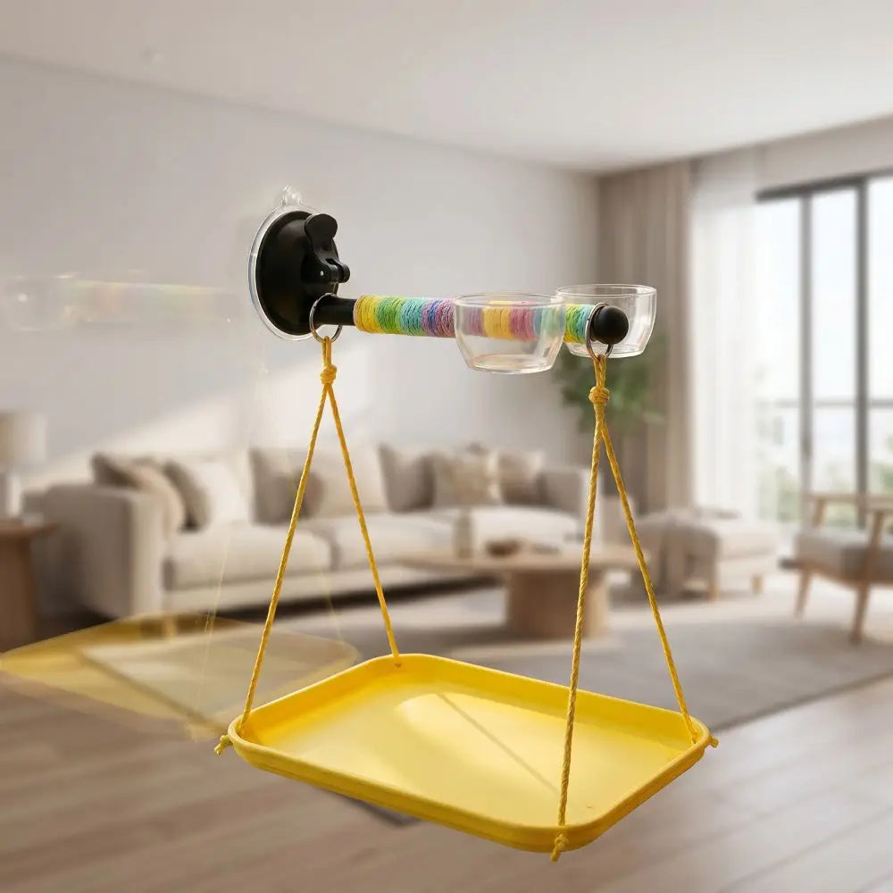 Yellow bird swing with colorful perch in a living room setting