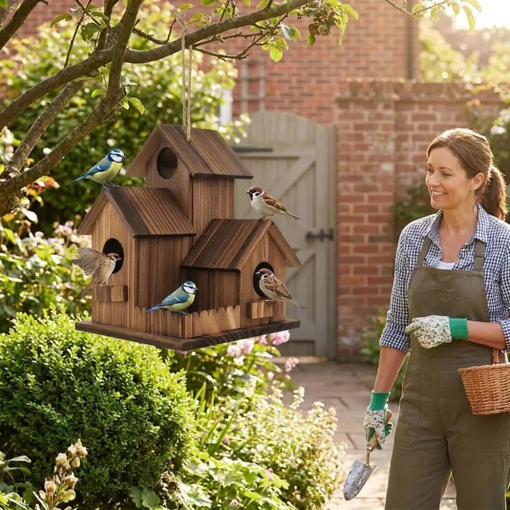 Woman in a garden with a wooden birdhouse and birds perched on it.