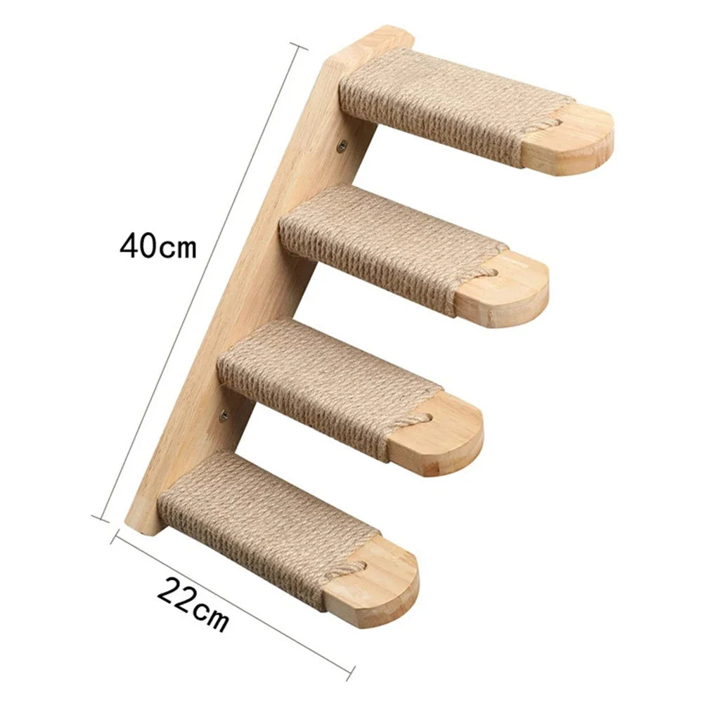 Wooden cat climbing shelf with sisal-wrapped steps and measurements on a white background