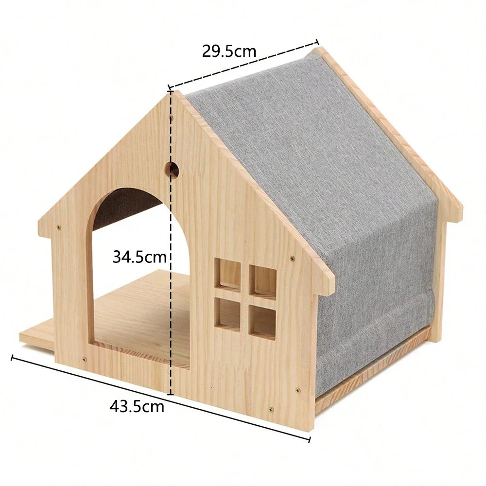 Wooden pet house with gray roof and measurements on a white background