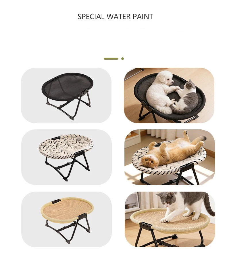 Collapsible pet bed with various surface designs and pets using it.