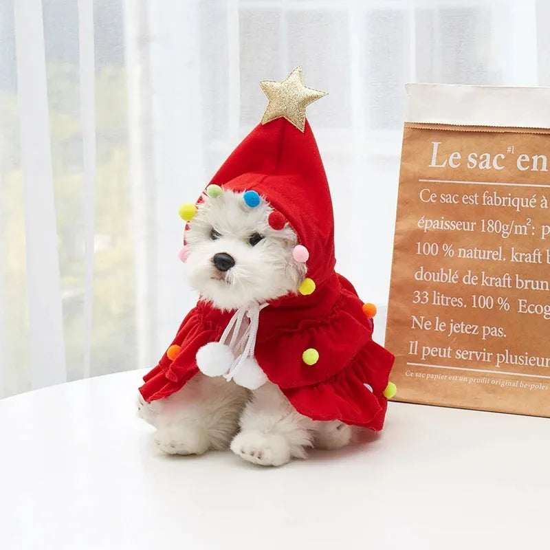 Festive Christmas Tree Hooded Cape for Pets – Cosplay Xmas Tree Shawl Costume for Cats, Small Dogs & Puppies, Holiday Pet Clothing