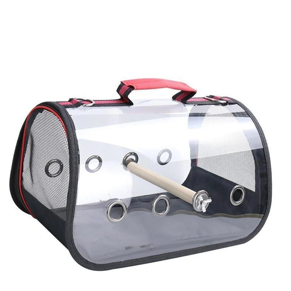 Clear pet carrier with black frame and pink handle on a white background