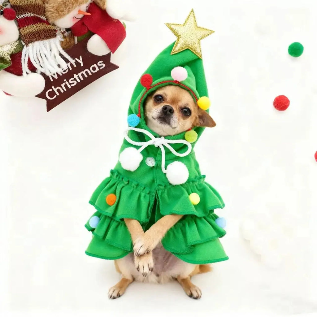 Festive Christmas Tree Hooded Cape for Pets – Cosplay Xmas Tree Shawl Costume for Cats, Small Dogs & Puppies, Holiday Pet Clothing