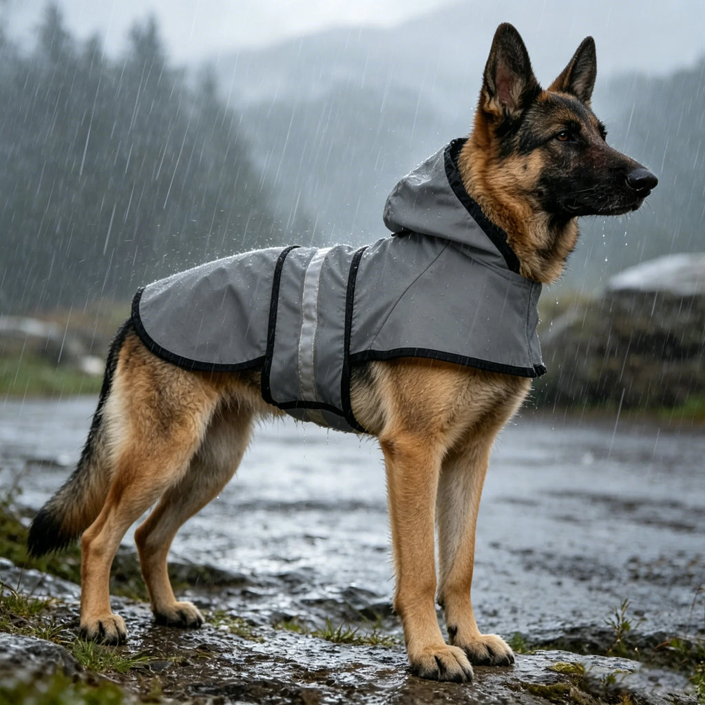 German Shepherd wearing a gray raincoat standing on a rainy day with mountains in the background.