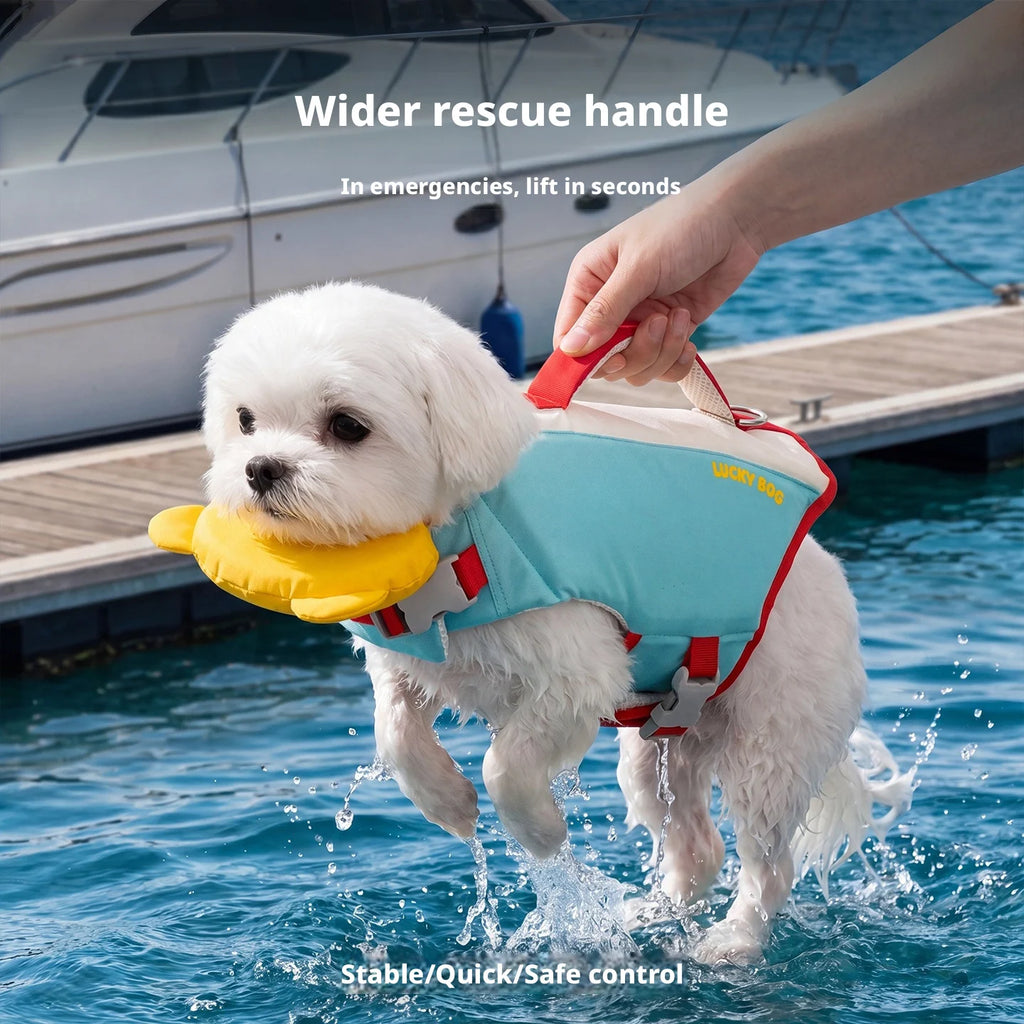 A small white dog in water at a dock wearing a light blue and red rescue life vest with a yellow collar, while a human hand holds the handle. Text overlays read 'Wider rescue handle', 'In emergencies, lift in seconds', and 'Stable/Quick/Safe control.