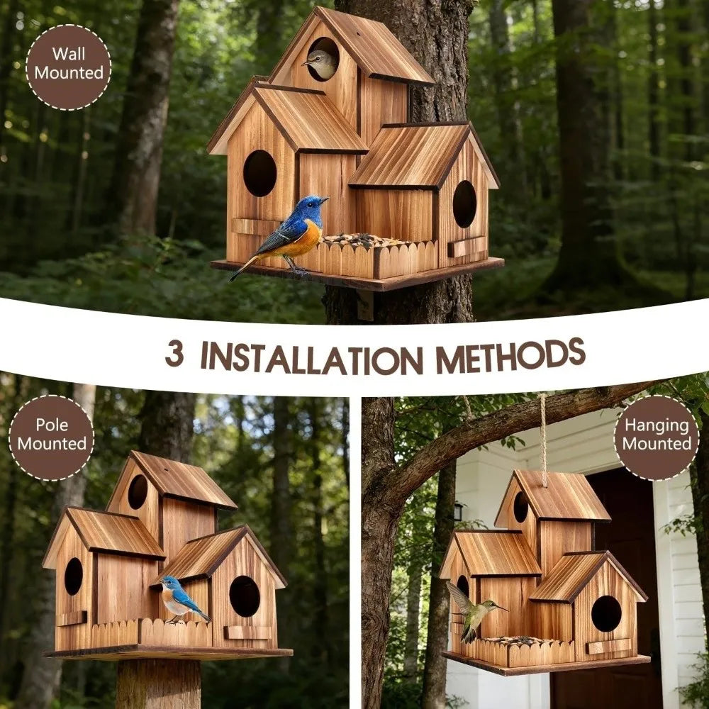 Wooden birdhouse with installation methods shown on a tree and pole.
