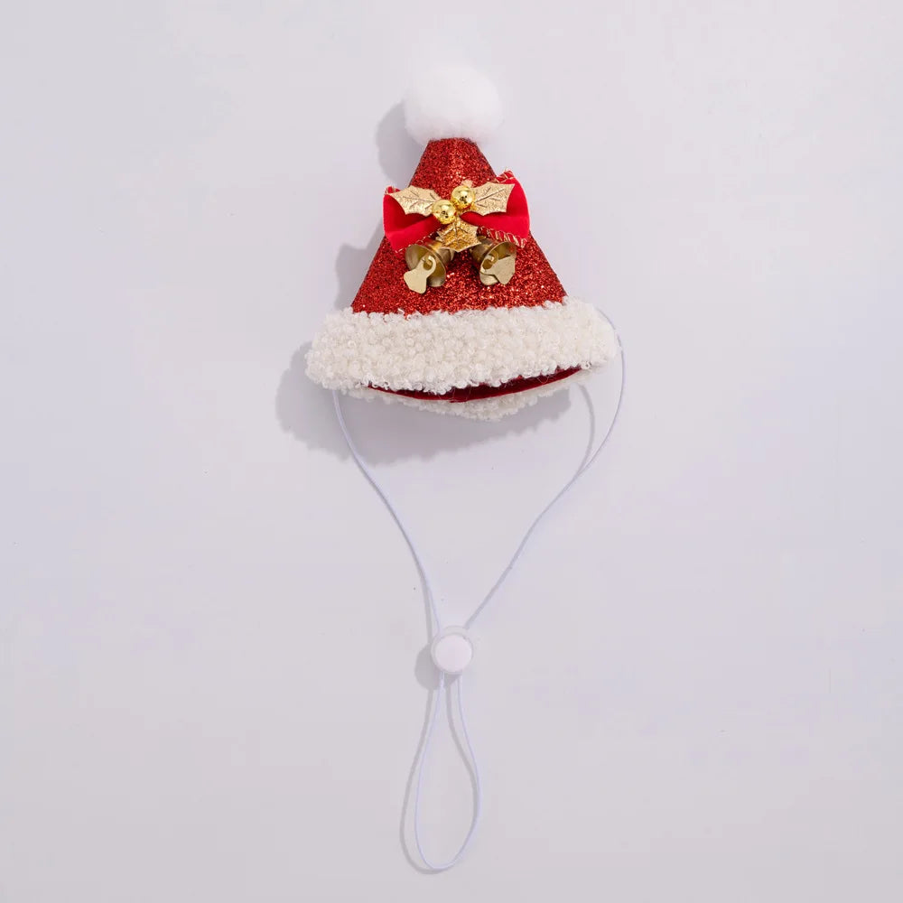 A festive Santa hat face mask with a red glitter crown, white faux fur trim, a red ribbon bow, and gold bells, featuring a white cord chin strap.