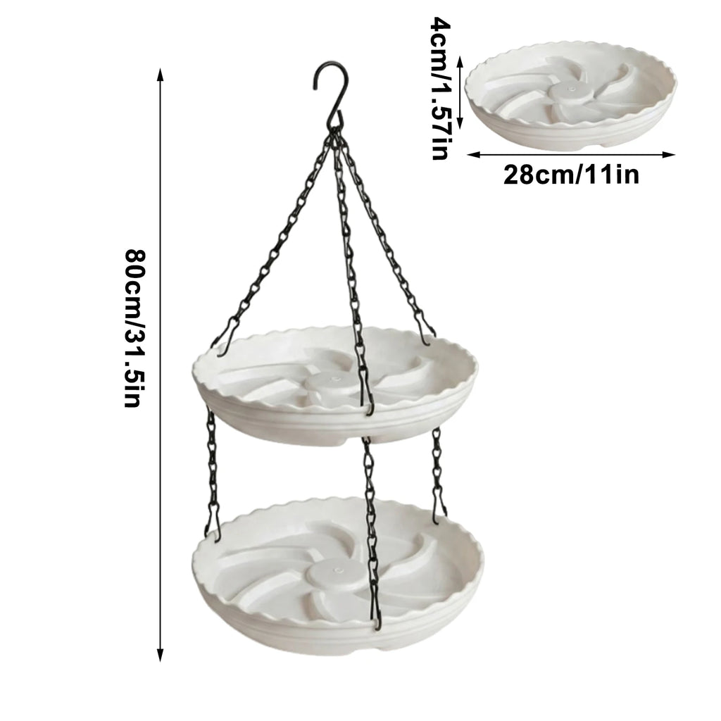 A two-tier white hanging planter with black metal chains and a hook, shown with dimension annotations indicating a height of 80cm (31.5in) and a top tray dimension of 28cm (11in) by 4cm (1.