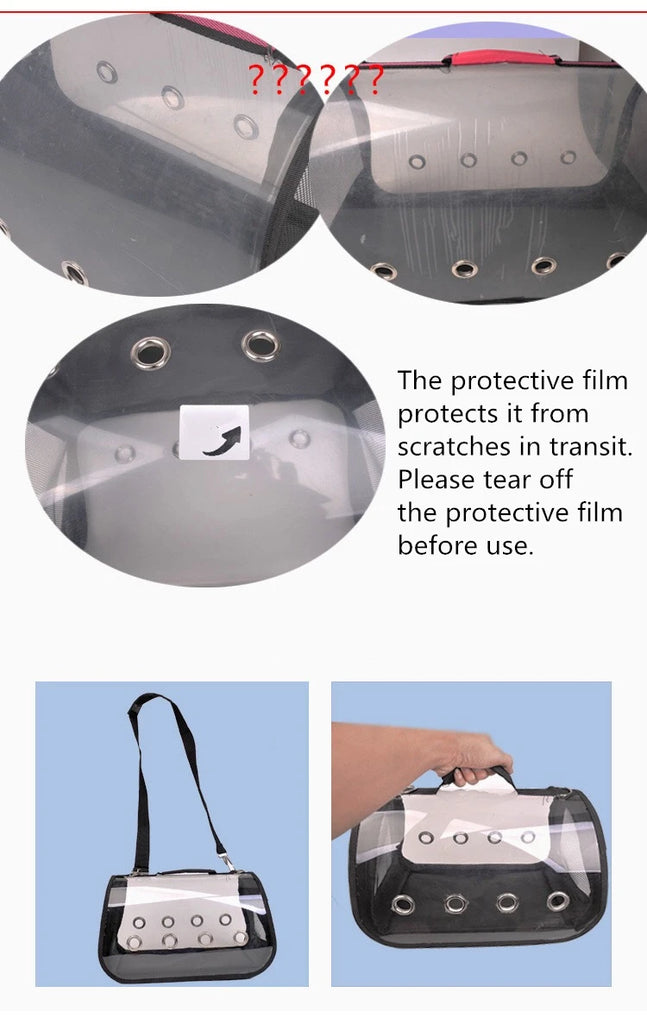 Clear protective film on a handbag with instructions to remove it before use.