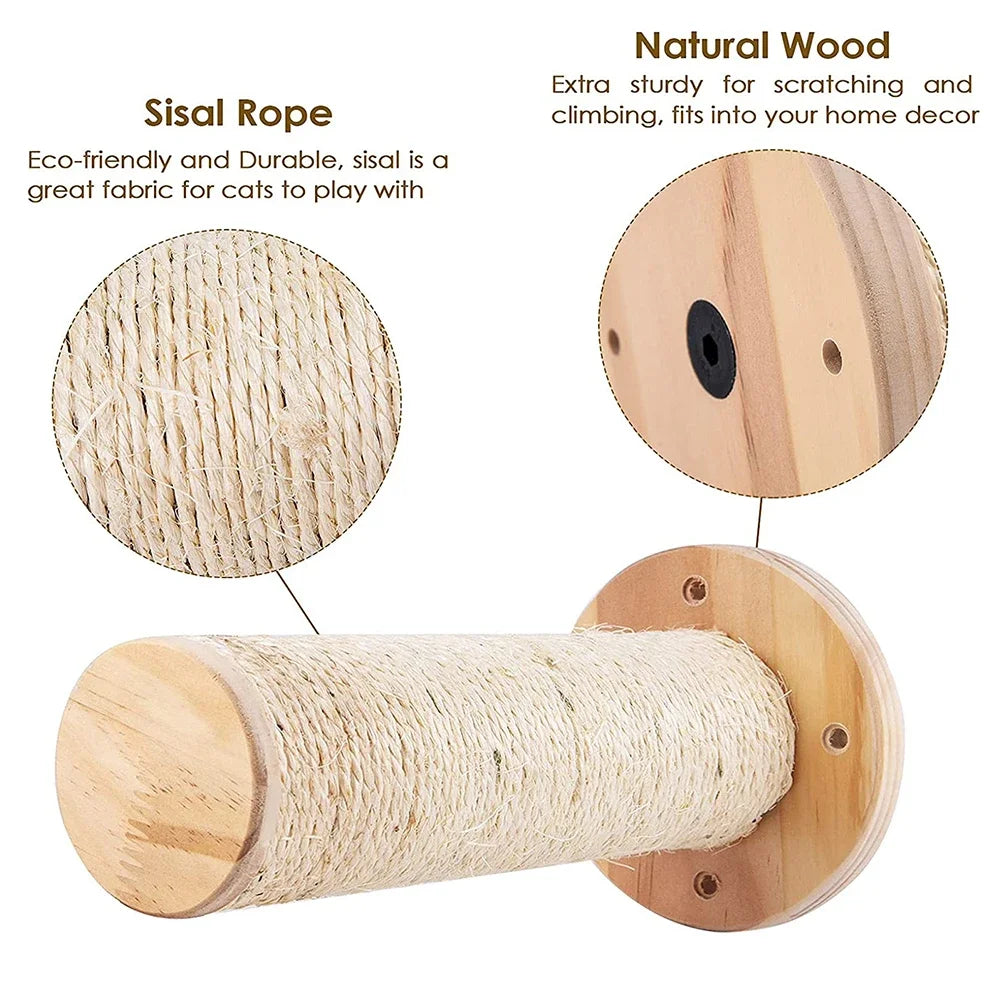 Wooden cat scratcher with sisal rope, highlighting natural wood and sisal rope features.