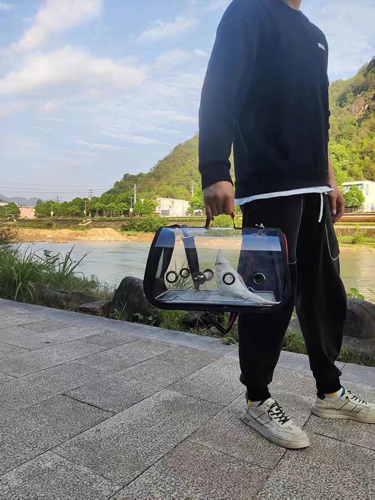 Person holding a transparent backpack with a scenic background of a river and trees.