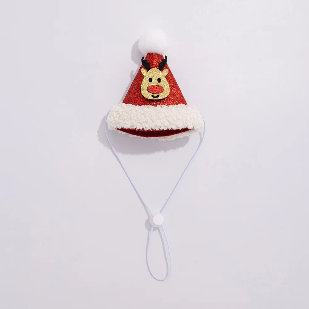 A festive Christmas Santa hat face mask with a red glittery hat, white faux fur trim, a yellow reindeer face, and a white elastic cord with a white bead.