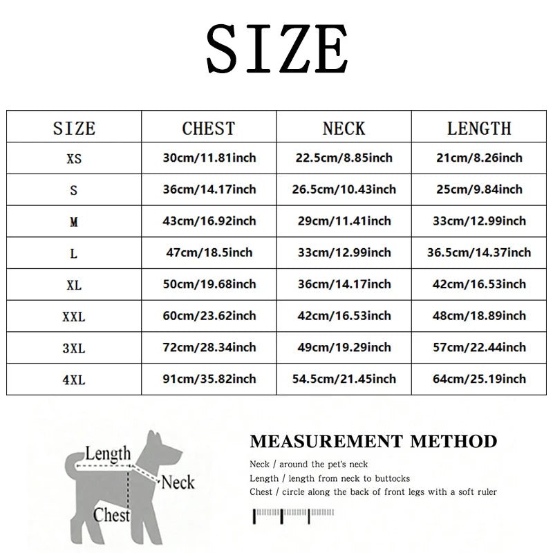 Size chart for dog collars with measurements in centimeters and inches.
