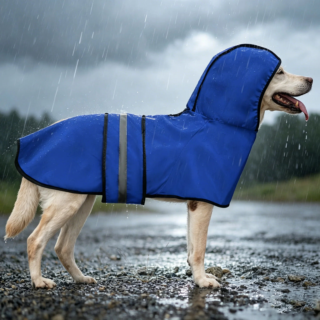 Dog wearing a blue raincoat standing on a rainy day