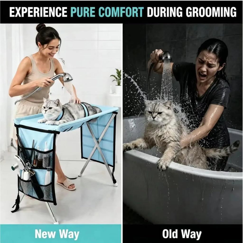 A split comparison graphic for a pet grooming lift table. The left panel shows a woman using the light blue and silver 'New Way' table to groom a gray cat in a bright bathroom.