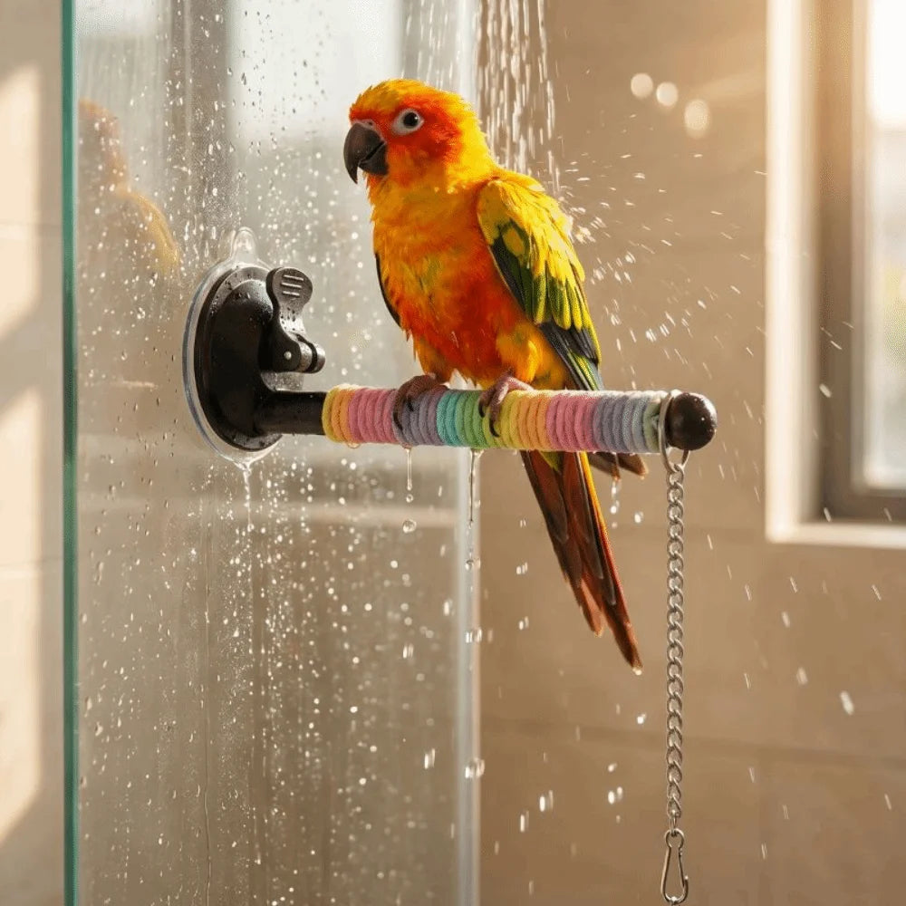 Colorful parrot perched on a shower handle with water droplets in the background