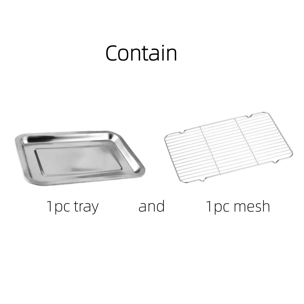Stainless steel tray and mesh cooling rack on a white background with text indicating contents.