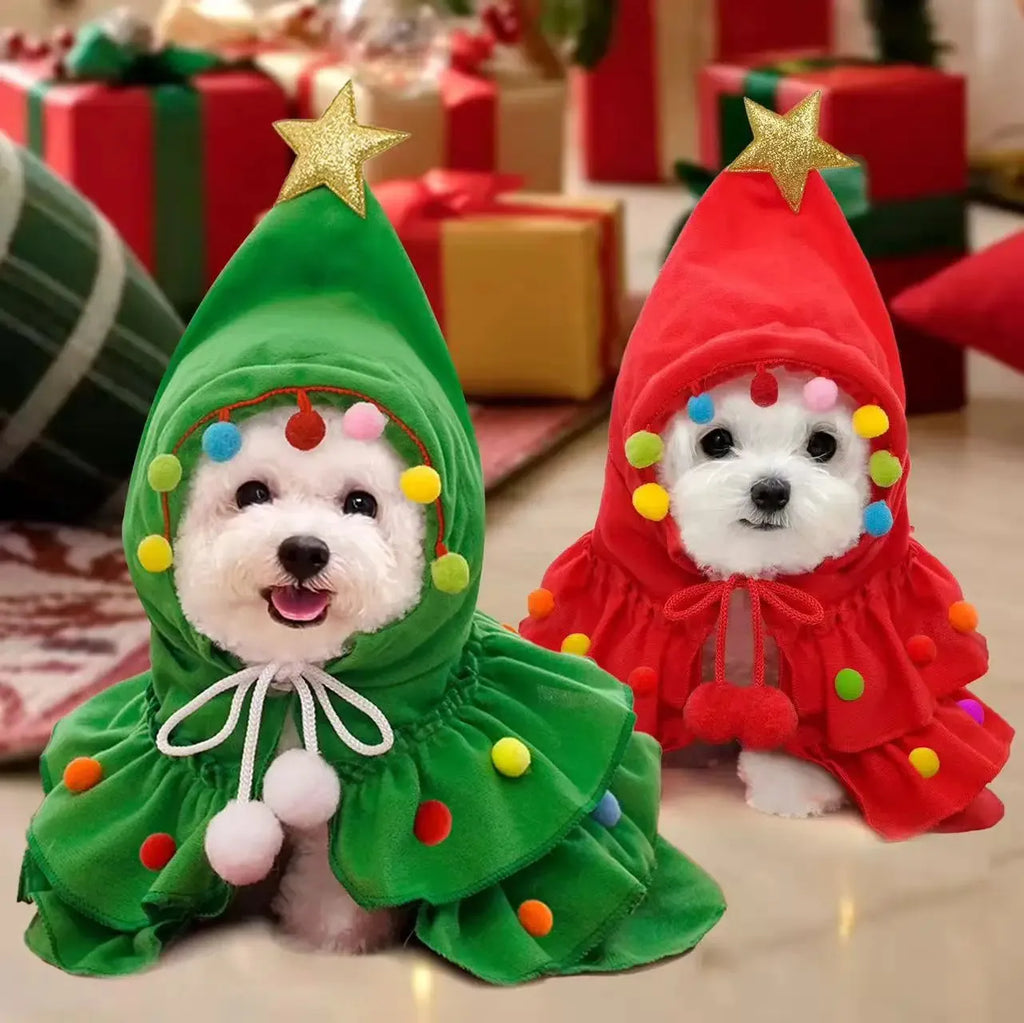 Festive Christmas Tree Hooded Cape for Pets – Cosplay Xmas Tree Shawl Costume for Cats, Small Dogs & Puppies, Holiday Pet Clothing