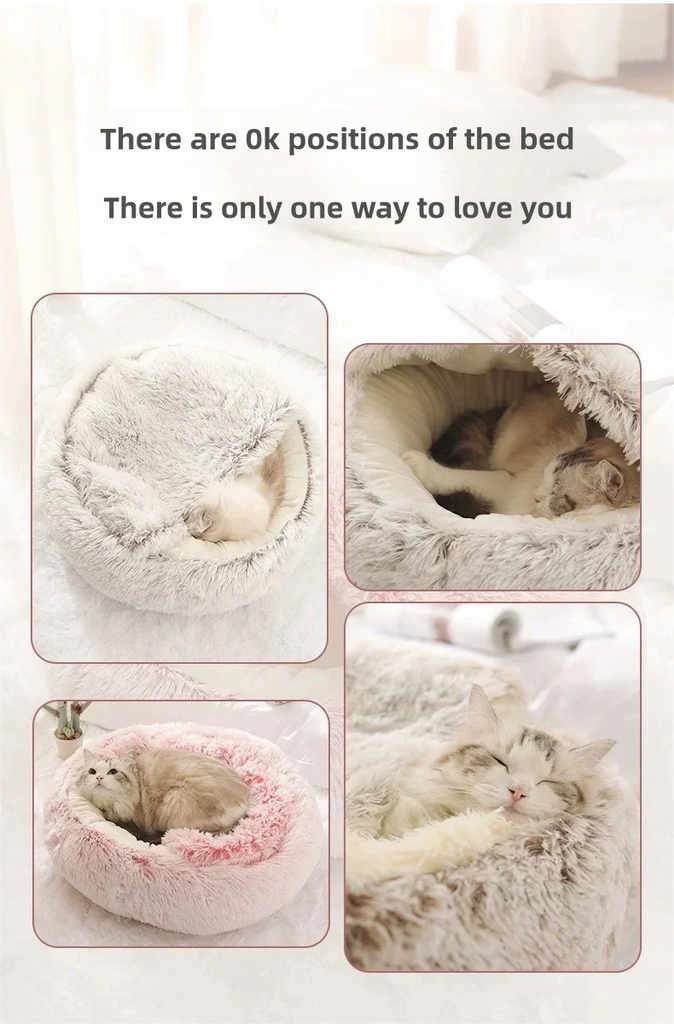 Fluffy pet bed with a cat inside, surrounded by text.