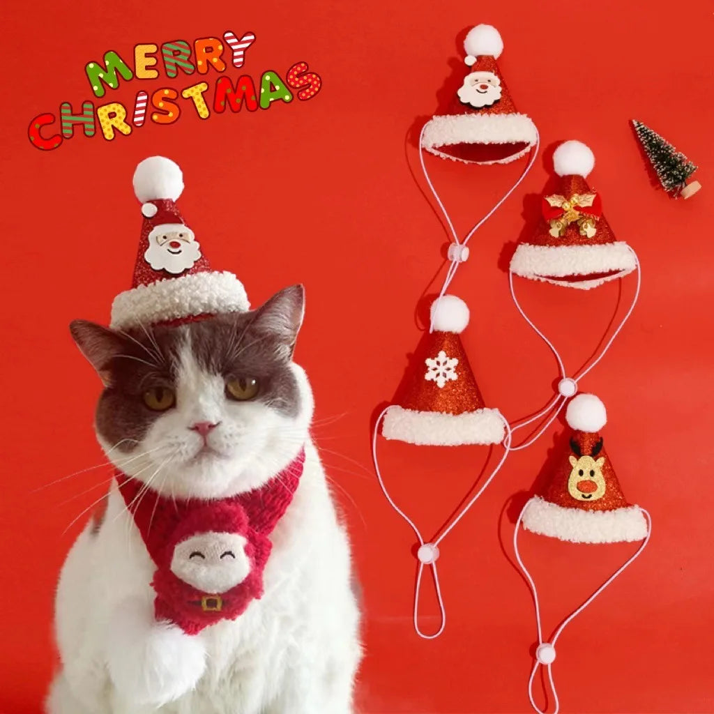 A white and gray cat wearing a red Santa hat and matching red Santa scarf against a bright red background, with additional matching Santa hats and a small tree displayed to the right and the words 'MERRY CHRISTMAS' in the upper left.