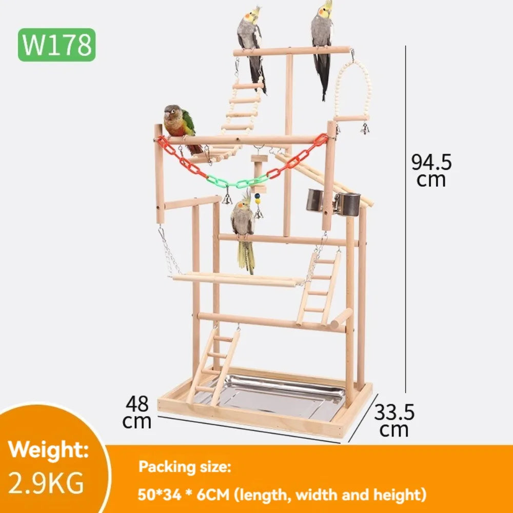 Bird playstand with parakeets on a white background, showing dimensions and weight.