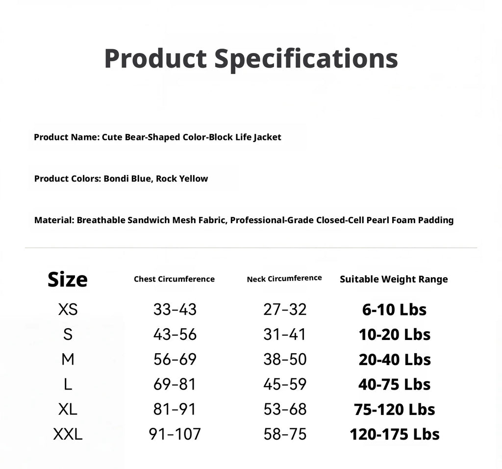 Product specifications table for a cute bean-shaped color-block life jacket, showing sizes XS through XXL with chest, neck, and weight range information on a white background.