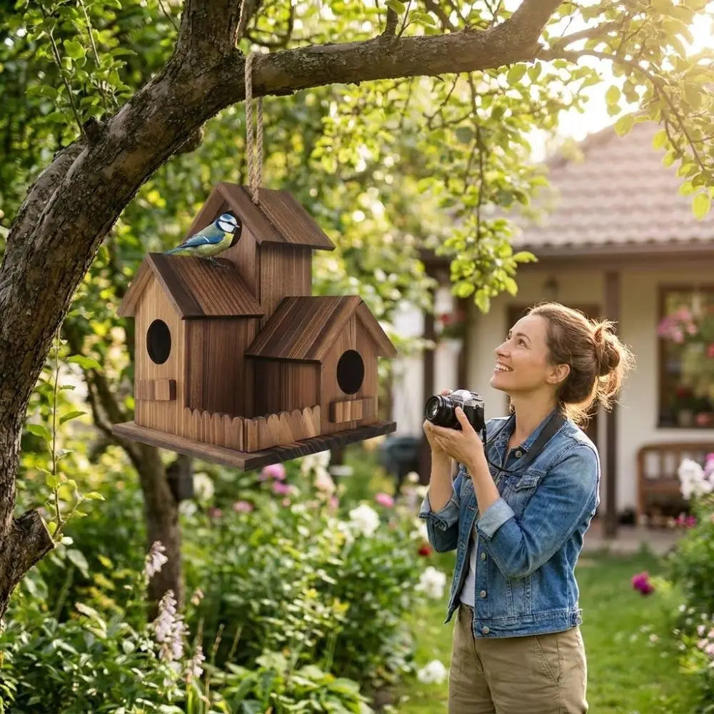 Woman taking a photo of a wooden birdhouse hanging from a tree